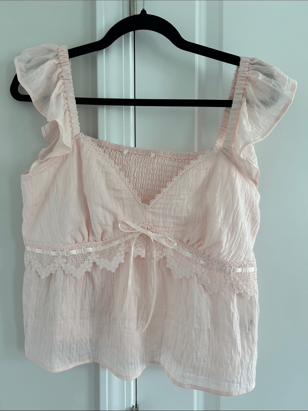 Japna Pale Pink Ruffled Lace Trim Sleeveless Blouse